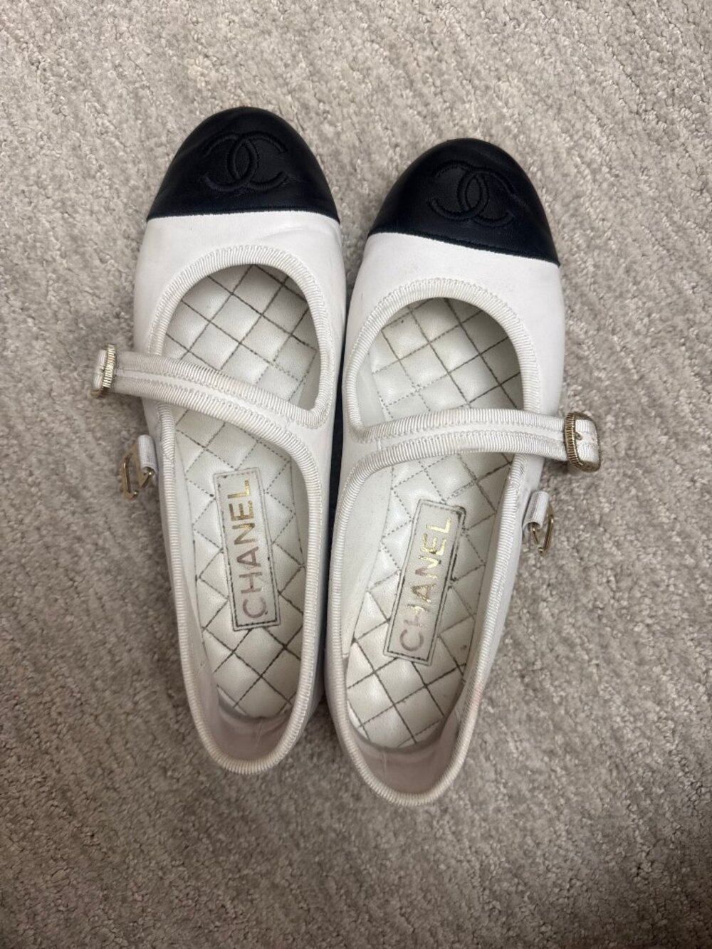 Chanel White & Black Lambskin Mary Jane Flats